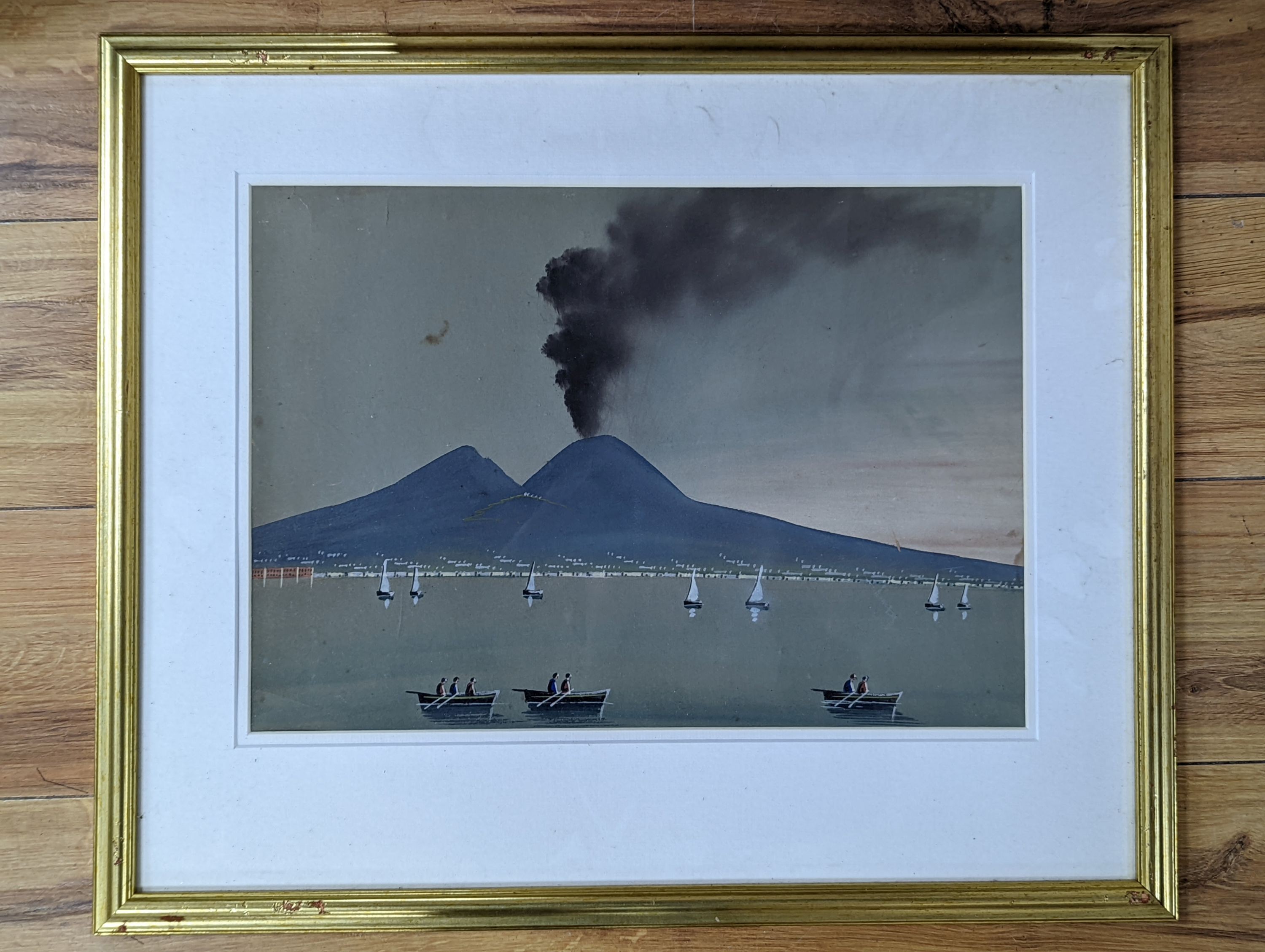 Neopolitan School, gouache, Bay of Naples with Vesuvius erupting, 33 x 43cm